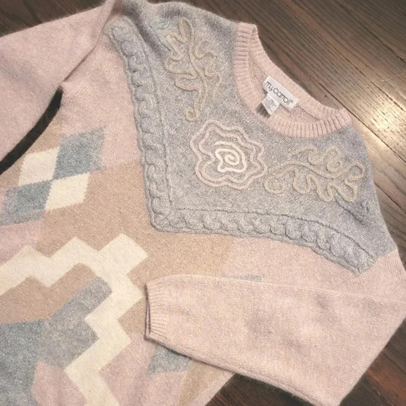 M.J. CARROLL Silk Angora Lambswool pink gray beige cream tunic sweater VINTAGE M - Picture 3 of 13
